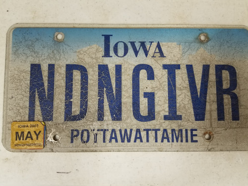 2007 Iowa Pottawattamie County License Plate NDNGIVR Indian Giver Vanity