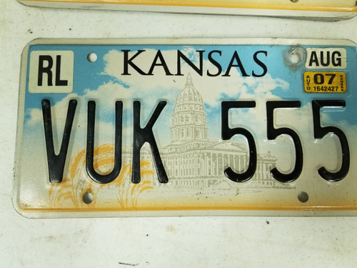 2007 Kansas Riley County License Plate VUK 555 Triple Five