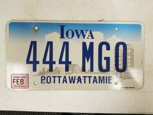 2005 Iowa Pottawattamie County License Plate 444 MGO Triple Four