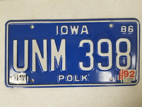 1986 Iowa Polk County License Plate UNM 398