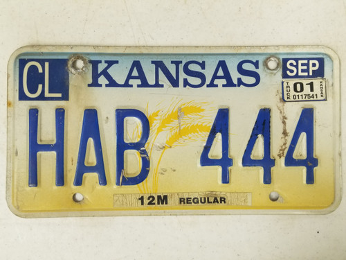 2001 Kansas Cowley County License Plate HAB 444 Triple Four