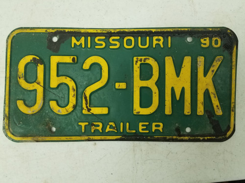 1990 Missouri Trailer License Plate 952-BMK
