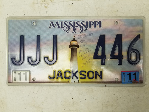 2011 Mississippi Jackson County License Plate JJJ 446 Triple J
