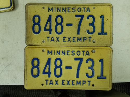 Minnesota Tax Exempt License Plate 848-731 Pair