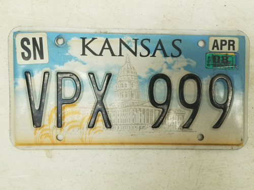 2008 Kansas Shawnee County License Plate VPX 999 Triple Nine