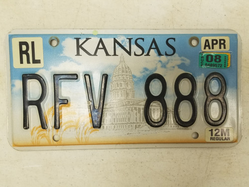 2008 Kansas Riley County License Plate RFV 888 Triple Eight