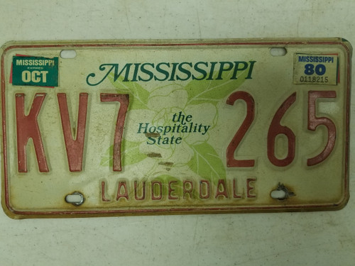 1980 Mississippi Lauderdale County Hospitality State License Plate KV7 265