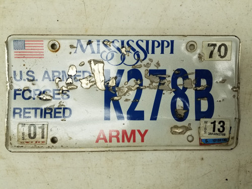 2013 Mississippi U.S. Armed Forces Retired Army License Plate K278B