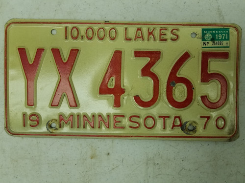 1970 (1971 Tag) Minnesota 10,000 Lakes License Plate YX 4365