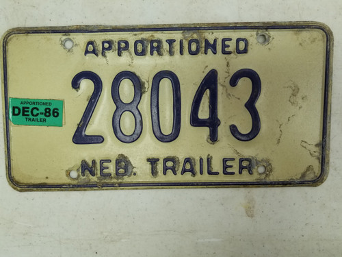 1986 Nebraska Apportioned Trailer License Plate 28043
