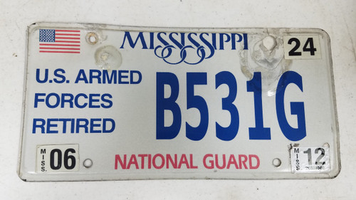 2012 Mississippi U.S. Armed Forces Retired National Guard American Flag License Plate B531G
