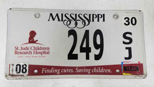 Expired Mississippi St. Jude Children's Research Hospital Finding Cures. Saving Children. License Plate 249 SJ