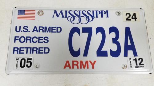 2012 Mississippi U.S. Armed Forces Retired Army American Flag License Plate C723A