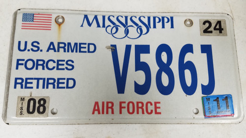 2011 Mississippi U.S. Armed Forces Retired Air Force American Flag License Plate V586J