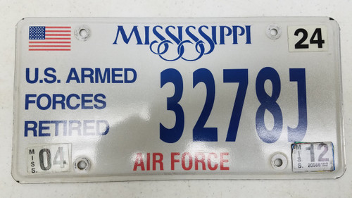 2012 Mississippi U.S. Armed Forces Retired Air Force License Plate 3278J American Flag