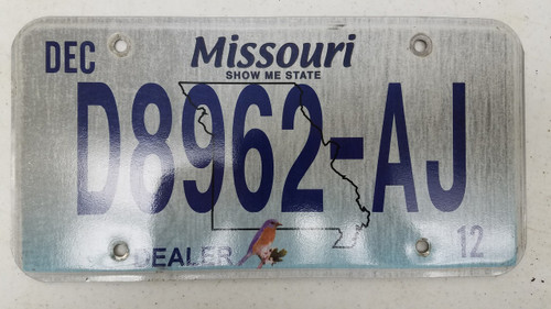 2012 MISSOURI Show Me State Dealer License Plate D8962-AJ Blue Bird