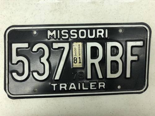 1979 (1981 Tag) MISSOURI Trailer License Plate 537-RBF