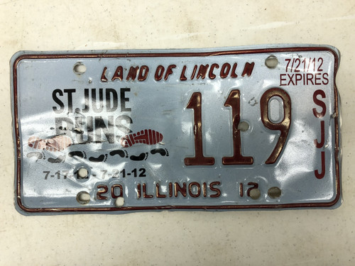 2012 ILLINOIS Land of Lincoln St. Jude Runs 7-17-12 License Plate 119-SJJ Footprints Shoeprints