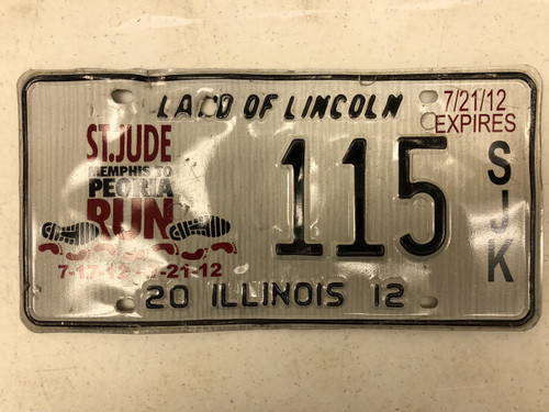 2012 ILLINOIS Land of Lincoln St. Jude Memphis to Peoria Runs 7-17-12 License Plate 115-SJK Footprints Shoeprints