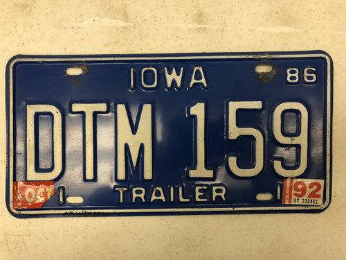 1986 (1992 Tag) IOWA Trailer License Plate DTM-159