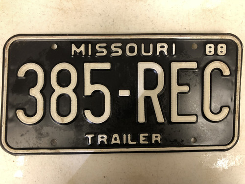 1988 MISSOURI Trailer License Plate 385-REC recording studio rec room