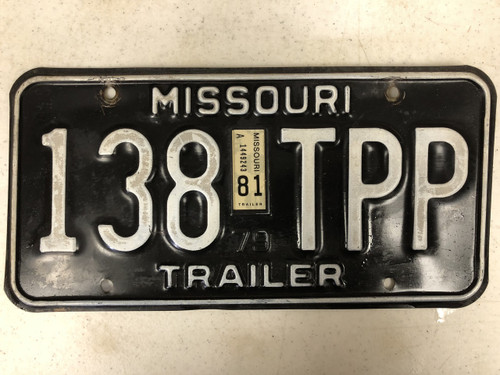 1979 (1981 Tag) MISSOURI Trailer License Plate 138-TPP