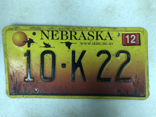 2005 Tag NEBRASKA Platte County www . state . ne . us Website License Plate 10-K22 Sunset Geese Cattails
