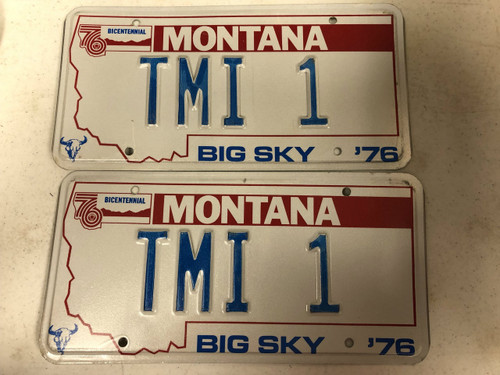 1976 MONTANA Big Sky '76 Bicentennial License Plate TMI-1 PAIR TMI Too Much Information Cow Skull