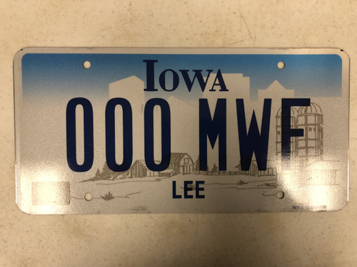 Expired IOWA Lee County License Plate 000-MWF Monday Wednesday Friday Cool # Farm Silo City Silhouette