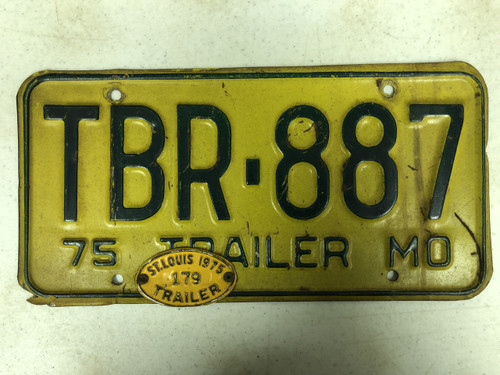 1975 MISSOURI Trailer License Plate TBR-887 & 1975 St. Louis Trailer Tab 179