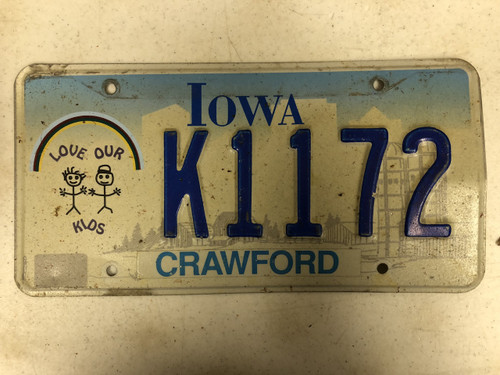 Expired IOWA Crawford County Love Our Kids License Plate K1172 Rainbow Farm Silo City Silhouette
