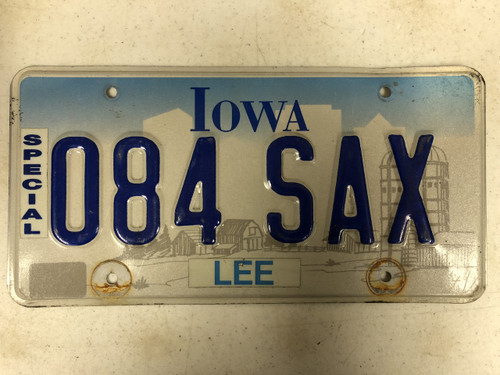 Expired IOWA Lee County Special License Plate 084-SAX Sax Saxophone Farm Silo City Silhouette