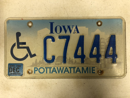 December 2004 Tag IOWA Pottawattamie County Handicapped Wheelchair License Plate C7444 Farm Silo City Silhouette