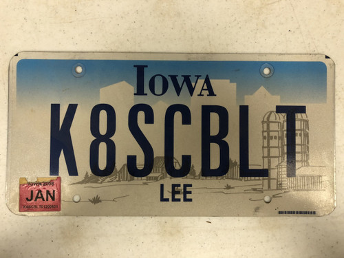 January 2008 Tag IOWA Lee County License Plate K8SCBLT BLT Bacon Lettuce Tomato Farm Silo City Silhouette