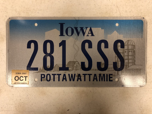 October 2007 Tag IOWA Pottawattamie County License Plate 281-SSS Cool # Farm Silo City Silhouette