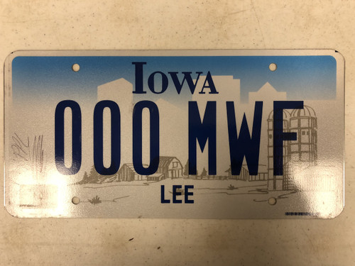 Expired IOWA Lee County License Plate 000-MWF Monday Wednesday Friday Farm Silo City Silhouette