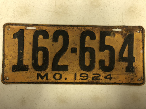 DMV Clear 1924 MISSOURI Passenger License Plate YOM Clear 162-654 MO