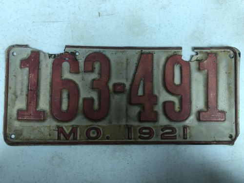 DMV Clear 1921 MISSOURI Passenger License Plate YOM Clear 163-491 MO