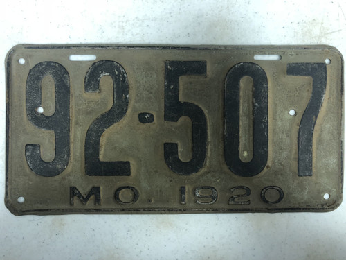 DMV Clear 1920 MISSOURI Passenger LLC License Plate YOM Clear 92-507 MO