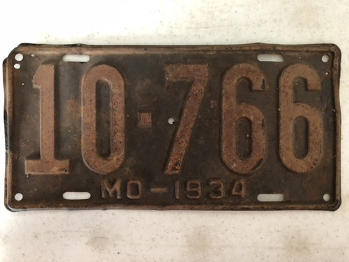 DMV Clear 1934 MISSOURI Passenger Shorty License Plate YOM Clear 10-766 MO