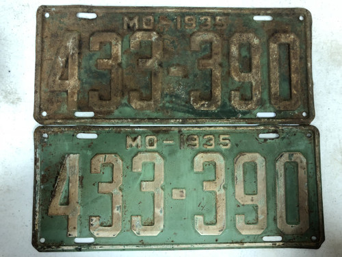PAIR of DMV Clear 1935 MISSOURI Passenger License Plates YOM Clear 433-390 MO