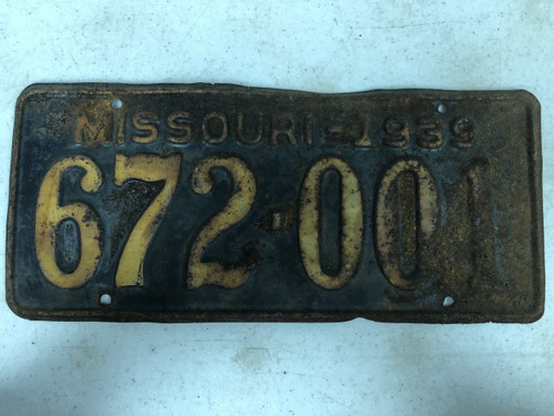 DMV Clear 1939 MISSOURI Passenger License Plate YOM Clear 672-001 MO