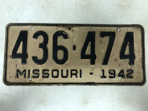 DMV Clear 1942 MISSOURI Passenger License Plate YOM Clear 436-474 MO