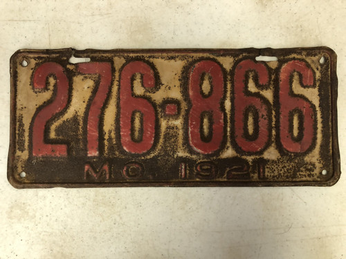 DMV Clear 1921 MISSOURI Passenger License Plate YOM Clear 276-866 MO