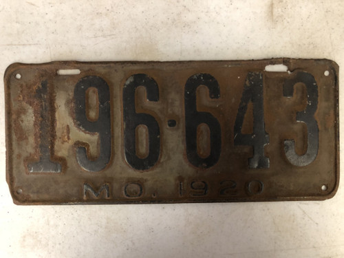DMV Clear 1920 MISSOURI Passenger License Plate YOM Clear 196-643 MO