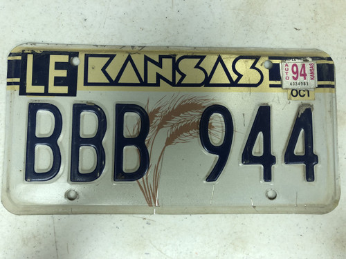 October 1994 Tag Kansas Leavenworth County License Plate BBB-944 Wheat