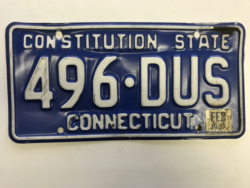 February 1987 Connecticut License Plate 496-DUS.