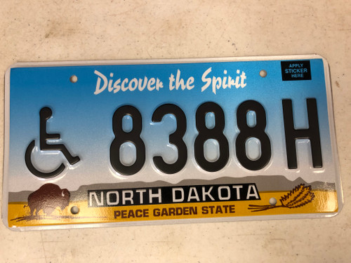 Expired NORTH DAKOTA Peace Garden State Handicapped License Plate 8388H Buffalo Wheat Discover the Spirit