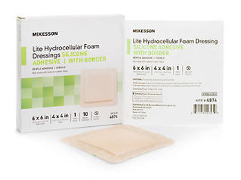 Thin Silicone Foam Dressing McKesson Lite 6 X 6 Inch Square Silicone Gel Adhesive with Border Sterile