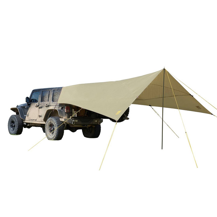 Sage - SJK Roadhouse Tarp in Tan. Image shows tarp attached to the back of a Jeep Wrangler, fully setup. Single pole "A-frame" set up with vehicle.